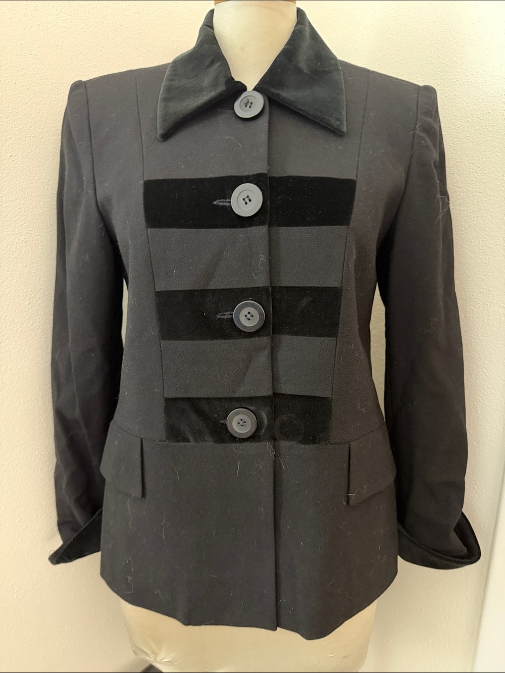 Jules Miller black velvet trim button front jacket blazer 8 medium m wool